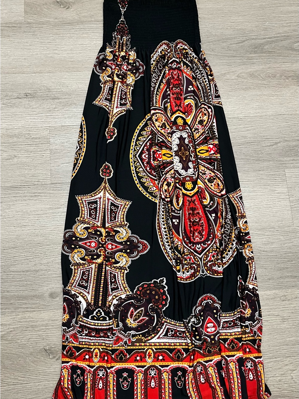 Black Maxi Dress with Red and Gold Paisley Design